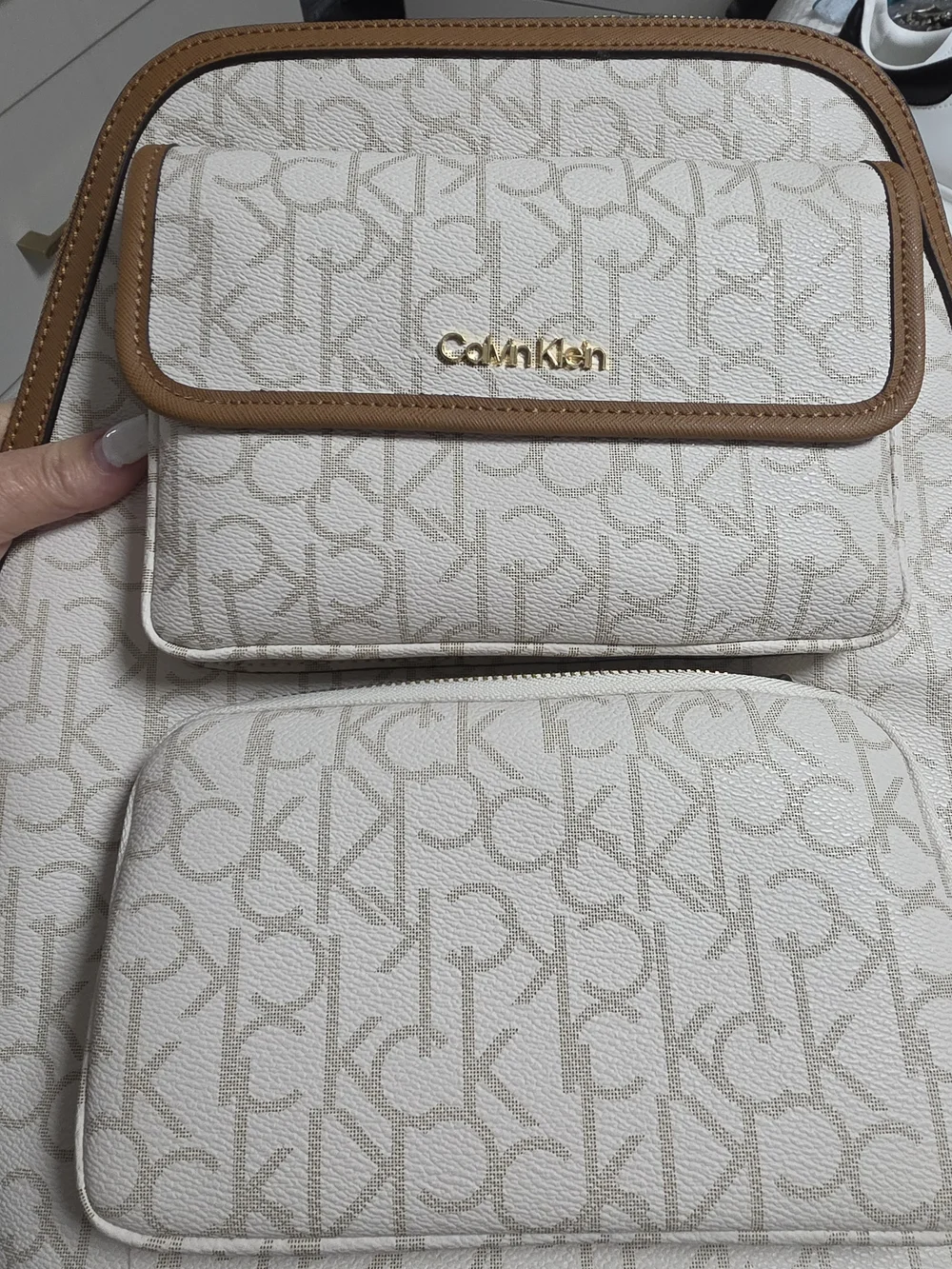 Calvin Klein Cream and Tan Logo Backpack